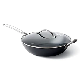 GreenPan x Food 52 Five Two Essentials: Carbon Steel 12" Wok with Foldable Rack, PFAS-Free, Multi Clad, Induction, Dishwasher Safe, Oven Safe, Black