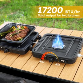 2 Burner Propane Camping Stove, 17200 BTU Adjustable Burners, Foldable Propane Camp Stove with Grill & Windscreen, Double Burner Portable Folding Gas Stove with Carry Bag for Outdoor Camping BBQ