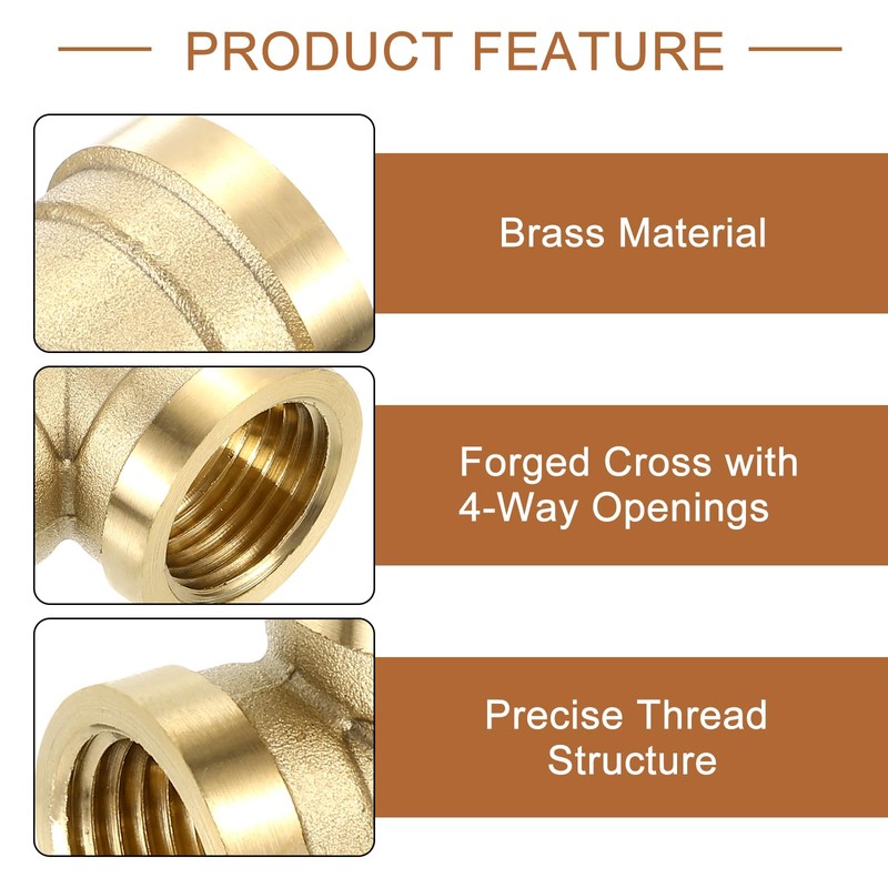 uxcell 4Pcs Brass Cross Pipe Fitting, BSPP G1/2 Female Barstock
