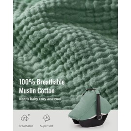 Blissful Diary Baby Car Seat Cover, Extra Large Mesh Window, Breathable Muslin Cotton, Infant Windproof Canopy, Must-Have Baby Gift - Roman Green