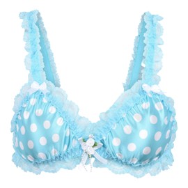 Satini Sissy Frilly Lace Fitted Satin Bralette (Aqua Blue - Polka Dots, XXL)