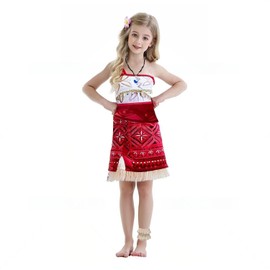 hewtwerck Moana Costume for Girls Adventure Outfit Ocean Princess Birthday Party Dress Up with Necklace & Anklet Accesories (Red, 4Years-5Years)