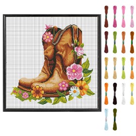FREEBLOSS DIY Cross Stitch Wall Hanging Kit Boots Full of Flowers Stamped Cross Stitch Wall Painting Retro Style Cross Stitch Home Wall Art Cross Stitch Starter Kit for Beginners with Instruction