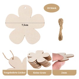 ENLACE Wooden Flowers, Pack of 20 Wooden Flower Discs with String, 7.5 cm Wooden Flowers for Painting, Natural Wood Discs for Crafts, DIY Crafts, Scrapbooking, Christmas Tree Pendants