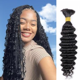 Boho Braids Human Hair,Deep Wave Bulk Human Hair For Braiding,Curly Human Hair for Boho Braids,Human Hair for Boho Knotless Braids,Boho Hair for Braiding,Natural Black Color(50g/Pack, 20 inch)