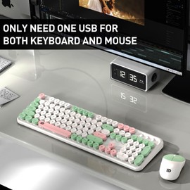 Keyboard and Mouse Wireless,2.4Ghz Retro Typewriter Style Round Keycap,Full Size Wireless Keyboard Mouse Combo,Cute Cordless Keyboard Mouse Set for PC Laptop Desktop Computer-Milk White Green Colorful