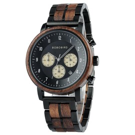 2win Wooden Watch for Men Luxury Chronograph Military Quartz Wrist Watch 3 Sub-dials Date Display Stylish Natural Watch