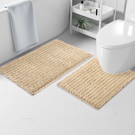 OLANLY Luxury Chenille Bath Mat, Extra Soft Thick Absorbent Shaggy Bathroom mat, Non-Slip Machine Wash Dry Plush Bath Mats for Bathroom, Shower, and Tub (24"x16", Beige)