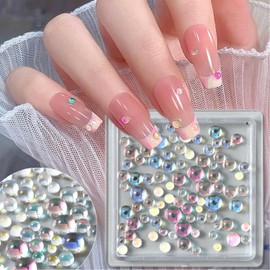 1 Box Nail Art Pearls Colorful Aurora Flatback Pearls Nail Charms Half Round Flat back Pearls Nail Supplies Mixed Size Nail Art Rhinestones Laser Nail Decorations for Women Nail Art Crafts Accessories