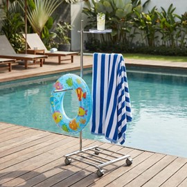 LOFIR Pool Outdoor Towel Rack, Heavy Duty Standing Towel Rack with 2 Bars & Top Tray, 304 Stainless Steel Pool Accessories & Hot Tub Accessories Towel Drying Stand