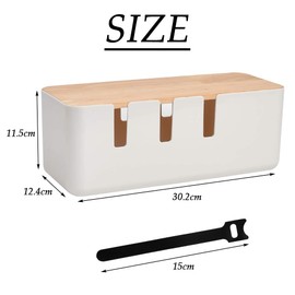 Cable Box White Cable Management Box with Wooden Lid 30.2 x 12.5 x 11.5 cm Cable Organiser ABS Cable Storage Box with Rubber Feet and Velcro Fastener for Cable/Power Strips Protection and Safety