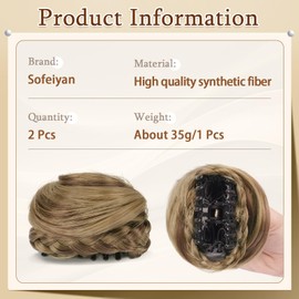 SOFEIYAN 2PCS Mini Claw Clip in Hair Bun Braid Messy Cat Ears Hair Bun Extension Synthetic Donut Wig Accessory Updo Space Bun Braid Hair Pieces for Women Girls, Brown & Blonde