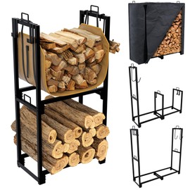 EmberCrest 4Ft Heavy Duty Firewood Rack Outdoor, 3 Level Adjustable Length Wood Rack Indoor with Firewood Holder Cover & Log Holder Carrier, Weather Resistant Wood Stacker Storage for Patio Fireplace
