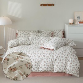 MKXI Cute Bow Tie & Rose Flowers Duvet Cover Twin Size Cotton Pink White Bedding Set - Vintage Country Floral Comforter Cover with 2 Pillowcases for Girls,Women,Sweet Home Gift