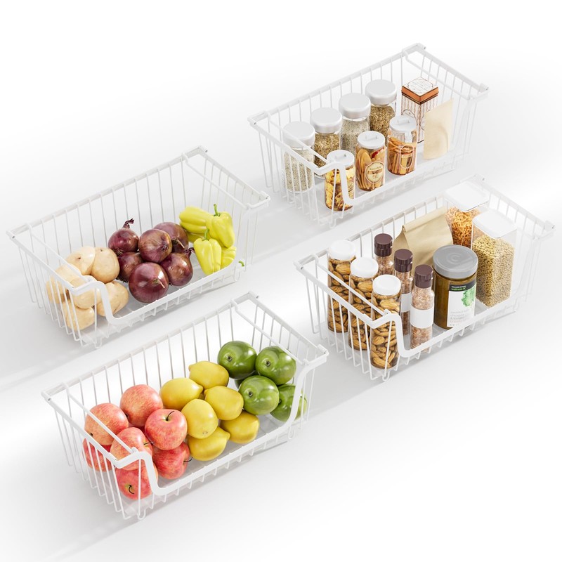 4 Pack Stackable Wire Baskets with Handles for Pantry Organizers