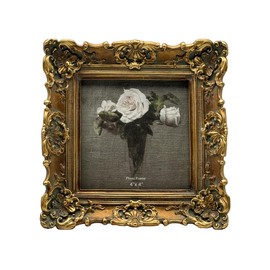 CISOO 4x4 Vintage Small Picture Frame, Antique Ornate Bronze Gold Square Photo Frame, for Table Top and Wall Display, Decorative Floral Design Retro Home Decor, Photo Gallery Art