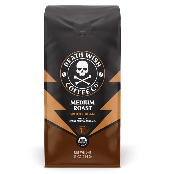 Death Wish Coffee, Organic and Fair Trade, Medium Roast, Whole Bean Coffee, 16 oz