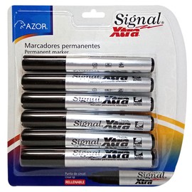 AZOR - Marcadores Permanentes, Plumones, Indelebles, Color Negro, 6 Piezas, Punta De Cincel, Signal Xtra, 301.4006NE