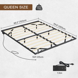 MAHANCRIS Floating Bed Frame Queen Size with Charging Station and Smart LED Lights, Metal and Wooden Platform Bed, No Box Spring Needed, Easy Assembly, Black and Natural