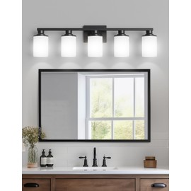 DORESshop Bathroom Light Fixtures, 5-Light Black Bathroom Lighting Fixtures Over Mirror with Milk Glass Shade,Modern Vanity Lights for Bathroom Hallway Living Room Bedroom, ETL Listed