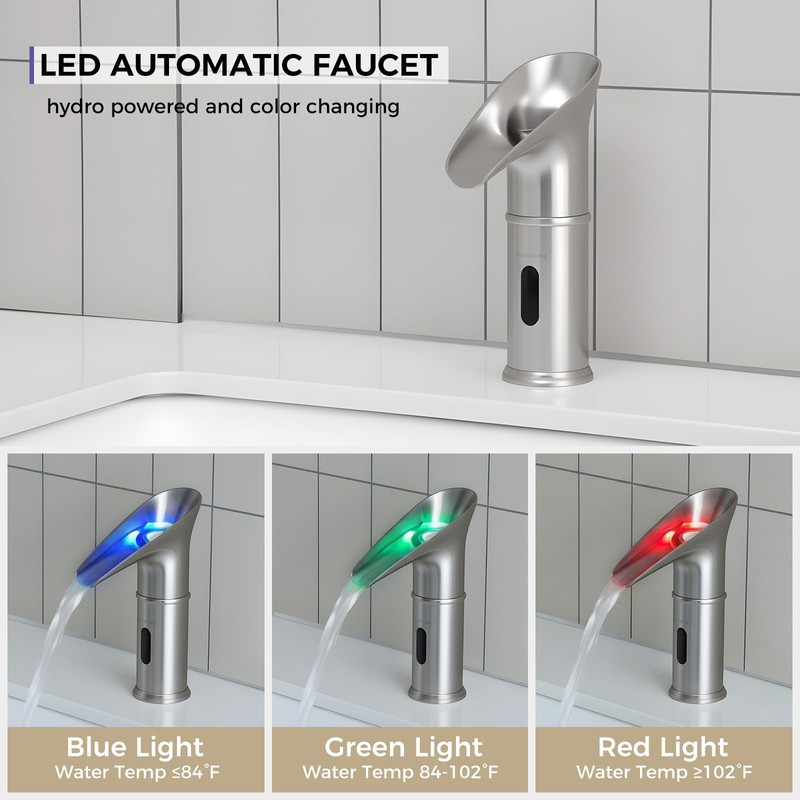 Gangang LED Waterfall Bathroom Touchless Faucet Brush Nickle Automatic Motion