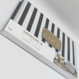 David Tutera Black Gold White Striped Satin Cover Wedding Guest Book with Pen