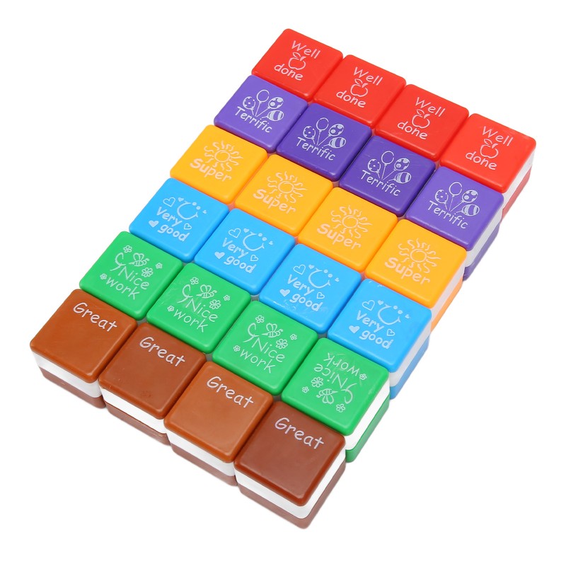24PCS Teacher Stamps Reusable English Homework Encouraging Grading Stamp for