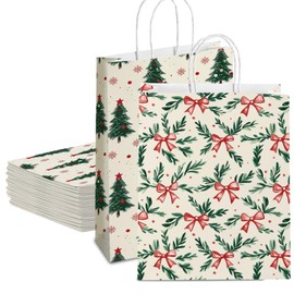 Kihraw 12PCS Beautiful Christmas Gift Paper Bag, Xmas Jumbo Kraft Tote Bags for Xmas Holiday New Year Party Favors Supplies for Christmas Gifts Treat Paper Bags