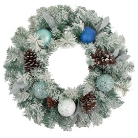 Northlight Teal and Silver Ball Flocked with Pine Cones Artificial Christmas Wreath-Unlit, 24", Blue