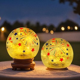 Slugeren 2 Pcs 4th of July Decorations, 4" Patriotic Crackle Glass Ball Light with Timer, Independence Day Red White Blue LED Table Centerpiece Decor Lighted Decorative Ball Lamp for Party Gift