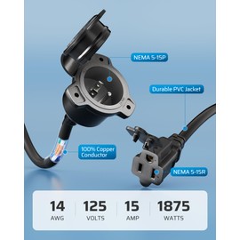DEWENWILS 15 Amp RV Shore Power Inlet Socket, Dual 125V AC Port Plug Integrated 18 Inch 2-Way Waterproof Extension Cord, NEMA 5-15P to NEMA 5-15R, 14AWG SJTW Cord, Trailer Plug Boat Marine, ETL Listed