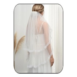 Unsutuo 2 Tier Custom Wedding Veil with Horsehair Ribbon Edge, Fingertip Length, Bridal Tulle, Comb Drop for Women and Girls (Ivory)