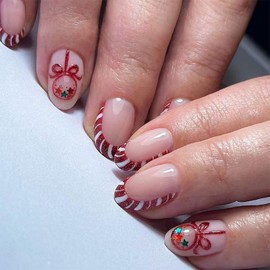 Christmas Press on Nails Short Almond MABKJLF French Tip Fake Nails Winter False Nails with Designs Cane Candy Stars Full Cover Glossy Glue on Nails Acrylic Nails for Women Girls 24 Pcs