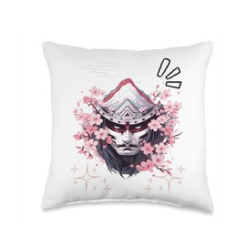 Samurai Mask Japanese Anime Kawaii Blossom Cherry Flower Throw Pillow