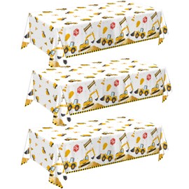 QIYANPAX 3 Pack Construction Plastic Birthday Party Tablecloths, 54 x 108 Inches - Construction Table Covers for Kids' Boys' Construction Birthday Decorations