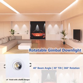 POPANU Canless Recessed Gimbal Downlight Rotatable-Spotlight 5 CCT 4 Inch Eyeball Ceilling Potlight, Dimmable Lights Fixture with Junction Box, 8W CCT Adjustable, White Square Trim, with Baffle, 6P