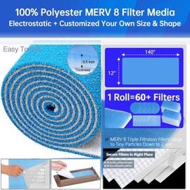 Demiwise Air Vent Filters, 12" x 140" Cut to Fit Air Filter Material (70+ Filters),MERV 8 Triple Electrostatic Vent Filter for AC, HVAC Furnace, Grilles and Mobile Home-Includes 48 Adhesive Hook Tape
