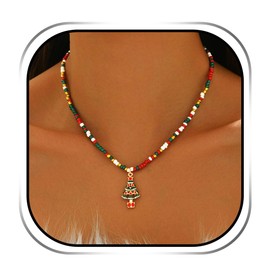 Handcess Christmas Beaded Necklace Colorful Christmas Tree Pendant Necklaces Xmas Necklace Chain for Women