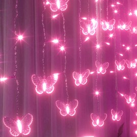 Curtain Butterfly String Light 20Ft 120LED Window USB Fairy Lights 24 Butterfly 8 Modes with Remote Control for Room Bedroom Patio Party Wedding Holiday Christmas Decoration (Pink)
