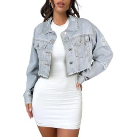 Andy & Natalie Cropped Jean Jacket for Women - Ripped, Frayed Denim Fashion Jacket - Light Blue Medium