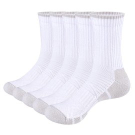 YUEDGE Mens White Cotton Cushioned Crew Socks Moisture Wicking Comfort Work Socks Cushioned Gym Golf Tennis Training Casual Athletic Socks For Men Size 9-11, 5 Pairs