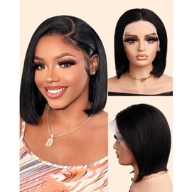 Bob Wig Human Hair 13x4 HD Transparent Lace Front Wig 10 Inch Short Straight Frontal Bob Wigs 180% Density Pre Plucked Glueless Wigs for Black Women with Baby Hair Daily Party Use Human Hair Wig