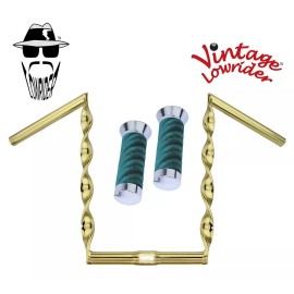Vintage Lowrider Vtg Lowrider Handlebar Flat Twisted 15" 25.4mm Gold & Grips Velour Swirl Green.