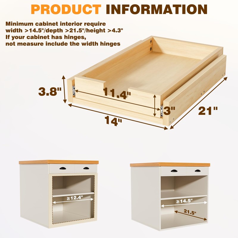 Grehitk Pullout Cabinet Organizer, 14''W×21''D×3''H Slide Out Shelves for Kitchen