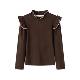 Mud Kingdom Mock Neck T-Shirts Brown Long Sleeve Ruffle Tee for Toddler Girls Jacquard Solid Casual Tops Lightweight 4T