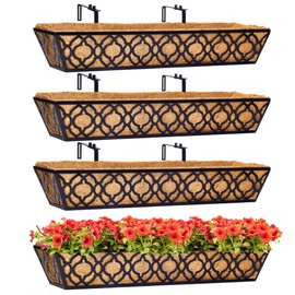 Y&M 4pcs 30" Window Boxes Horse Trough with Coconut Coir Liner,30 Inch Window Deck with Coco Liner, Black Metal Hanging Flower Planter Window Basket Deck Railing Planter Boxes for Outdoor Indoor