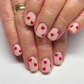 Valentine's Day Press on Nails Short Square Shape Fake Nails with Red Heart Design Cute Manicure Art Fake Nails Gel Glue on Nails, Glossy White Acrylic False Nails Stick on Nails for Women Girls 24Pcs