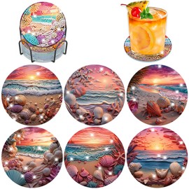 Lxmsja Pack of 6 Diamond Painting Coasters with Holder, Diamond Painting Beach, Diamond Painting Pictures Adults, Diamond Cup Coasters with Cork, Crafts Adults, Women, Children