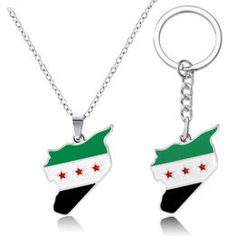 Henjunu Syria Map Flag Pendant Necklace and Keyring Syrian Fashion Necklaces and Key Chain, Stainless Steel, No Gemstone