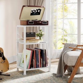 Hosfais 3-Tier Record Player Stand - Retro Vinyl Record Storage End Table Records Shelf for Living Room Bedroom (White)